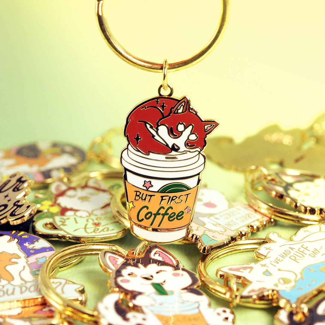 "But First Coffee" Husky Enamel Keychain-1