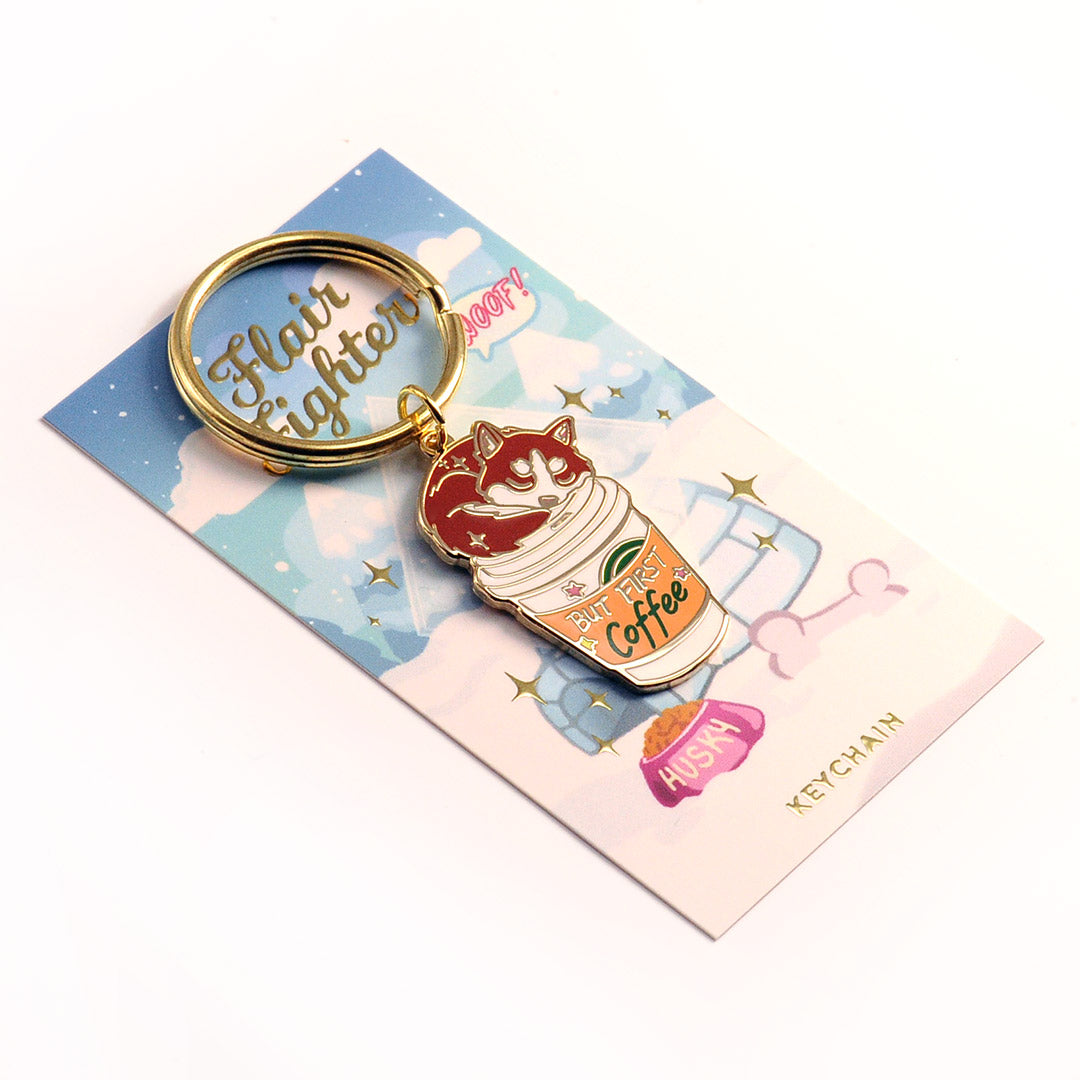 "But First Coffee" Husky Enamel Keychain-2