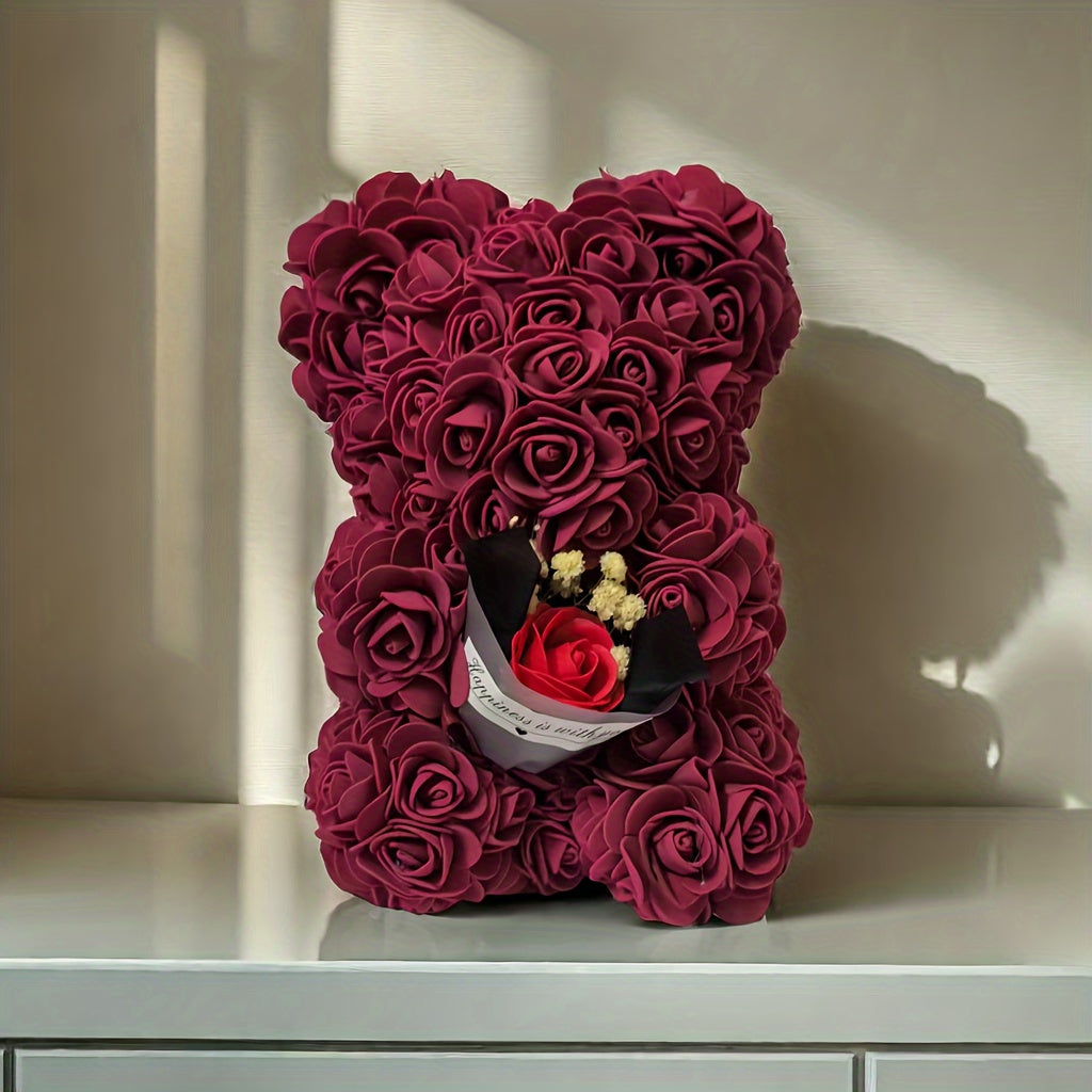 Preserved Rose Teddy Bear Floral Gift (Burgundy)-1
