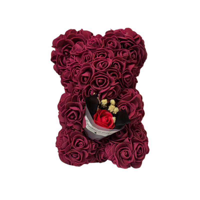 Preserved Rose Teddy Bear Floral Gift (Burgundy)-0