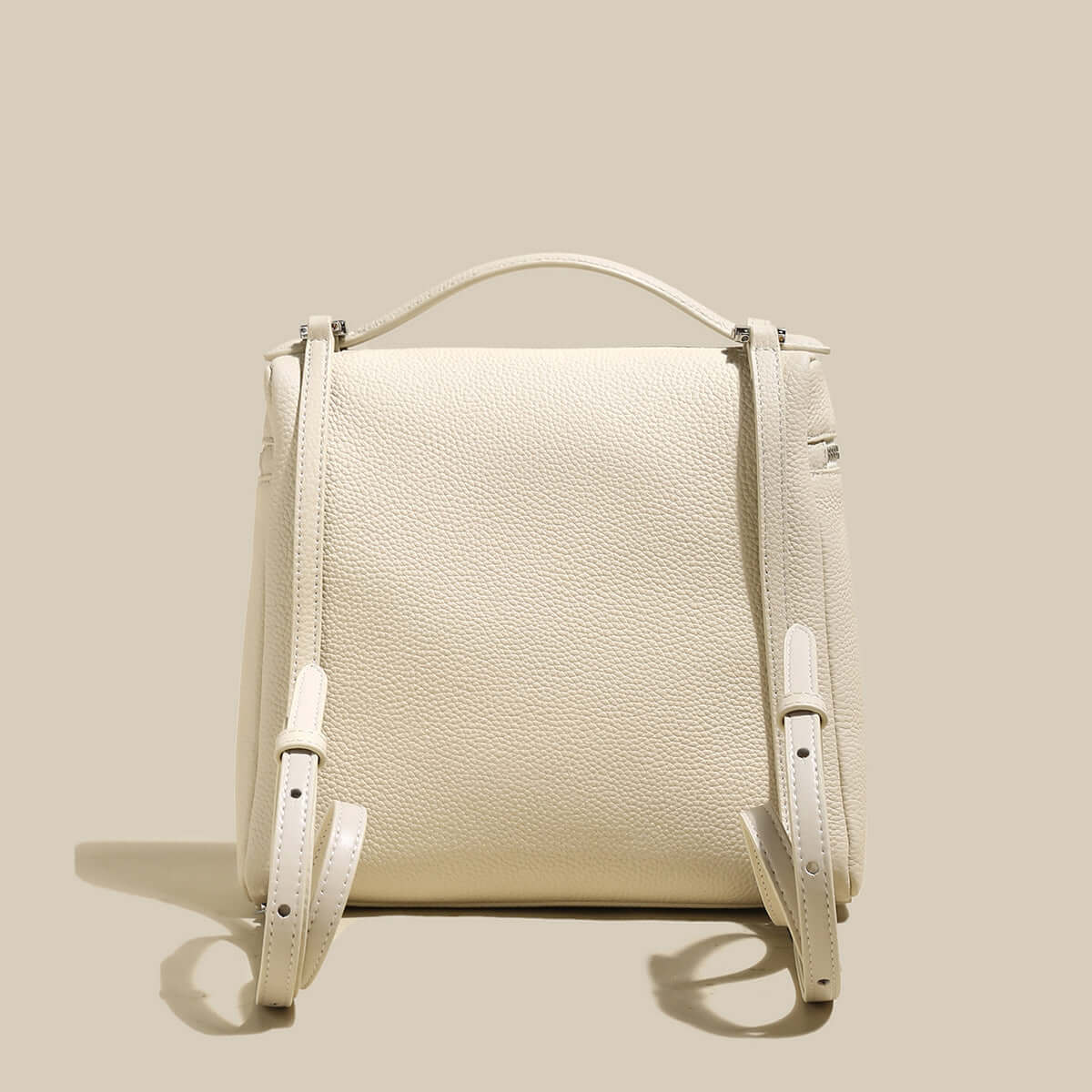 Solid Leather Backpack with Double Zippers-4